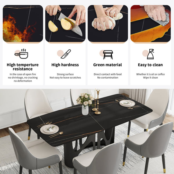 English Elm 70.86" Modern Sintered Stone Dining Table With Curved Black Top & Sturdy Iron Legs For 6-8 People W1535S00429