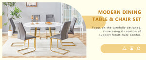 English Elm Table and 6 Chair Extendable Mdf Dining Set with Gold Arched Legs Modern Style Dark Gray,White+Gold W1151S03948