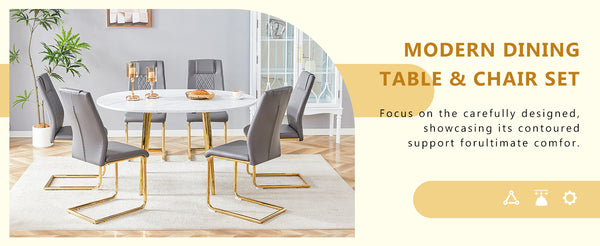 English Elm Table and 6 Chair Extendable Mdf Dining Set with Gold Arched Legs Modern Style Dark Gray,White+Gold W1151S03948