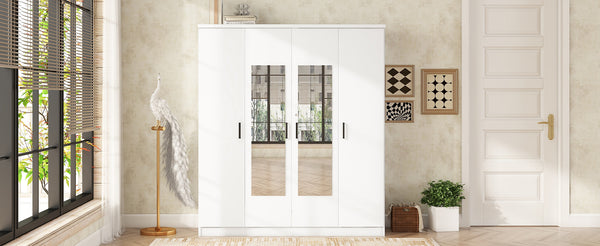 English Elm 4-door Mirrored Wardrobe White Mdf Armoire with Interior Shelves and Lockable Drawer LP006602AAK