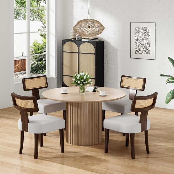 English Elm Upholstered Armless Dining Chairs with Rattan Back Hardwood Frame French Country Set of 2 Beige,Walnut T3623P411732