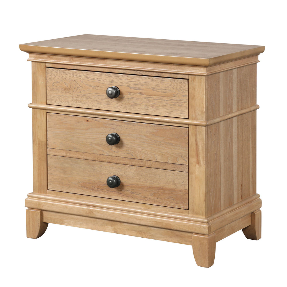 English Elm Farmhouse Natural Oak Nightstand with Felt-Lined Top Drawer, Dovetail Pecan Veneer 3-Drawer Table B2741P406814