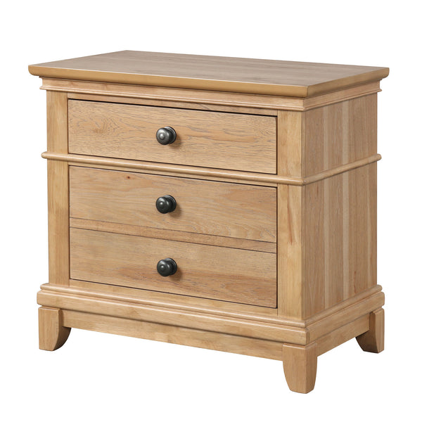 English Elm Farmhouse Natural Oak Nightstand with Felt-Lined Top Drawer, Dovetail Pecan Veneer 3-Drawer Table B2741P406814