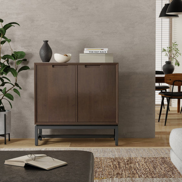 English Elm Banting Solid Wood Low Profile Cabinet Walnut Finish Metal Base Living Room Storage B136P436057