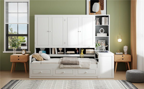 English Elm Twin Size Daybed With Storage Drawers, Desk & Shelves - Stylish Space-Saving Furniture In White N820S00054K-GIGA