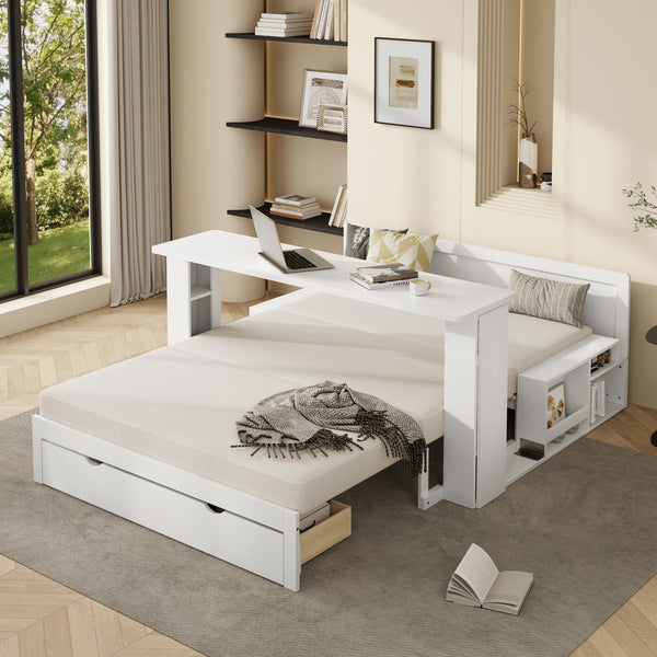English Elm Full Size Daybed with Hydraulic Desk Armrests Storage Drawer and Sofa Seating White LT000271AAK