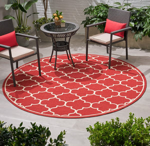 Christopher Knight Home® - Noble House - Thornhill Outdoor 7'10" Round Trefoil Area Rug, Red and Ivory