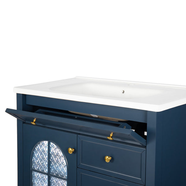 English Elm 35.6" Freestanding Bathroom Vanity with Roman Column Base and Ceramic Integrated Sink Blue W1801S00012