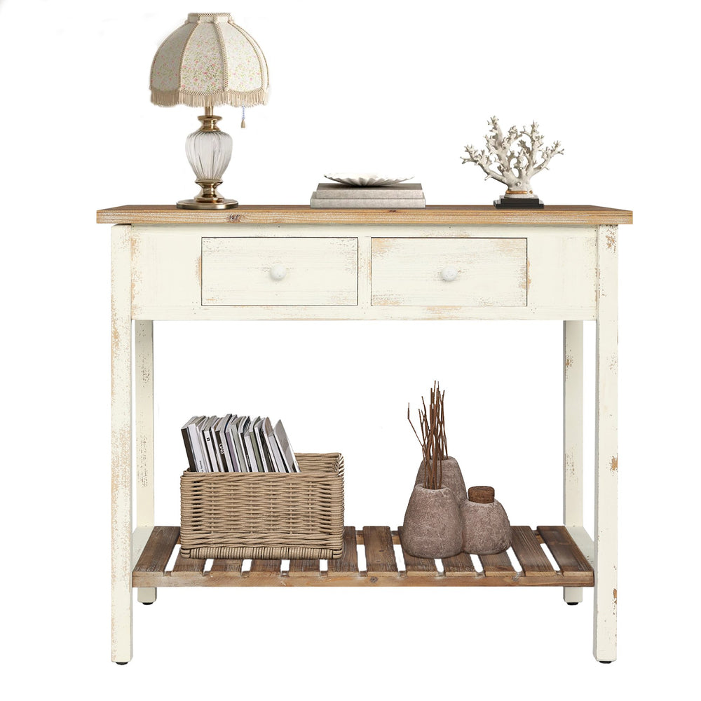 English Elm Vintage Two-Drawer Console Table Antique Natural Distressed Finish with Shelf, Sturdy Entryway Storage W2295P366795