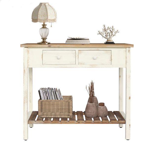 English Elm Vintage Two-Drawer Console Table Antique Natural Distressed Finish with Shelf, Sturdy Entryway Storage W2295P366795