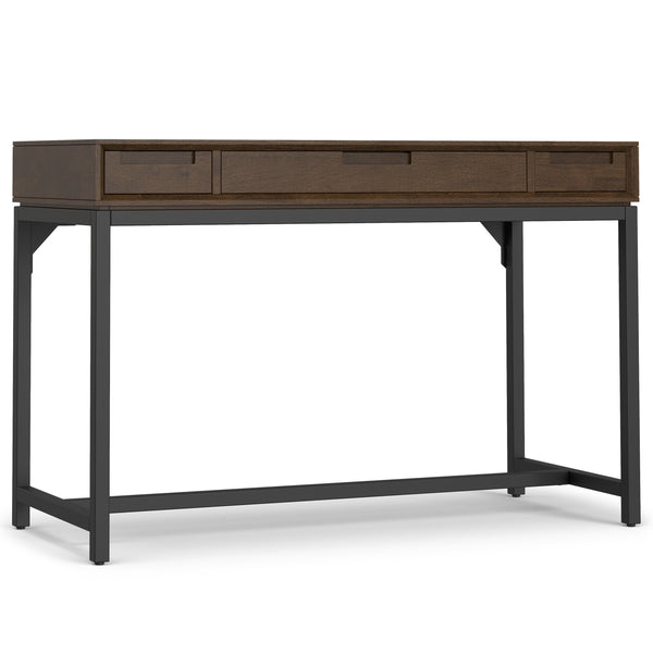 English Elm Banting Mid Century Small Desk in Walnut Brown – Solid Rubberwood, Metal Base, 2 Drawers + Keyboard Tray B136P283768