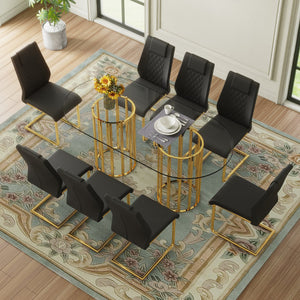 English Elm Table and Chair Set 8 Seater Oval Glass Dining with Glamorous Gold Base Modern Luxe Black+Gold,Transparent W1151S04721