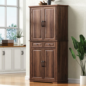 English Elm K&K 71" Tall Farmhouse Pantry Cabinet with Groove Edges, 3 Pull-Out Organizers, 6 Door Shelves Brown N707P256507Z