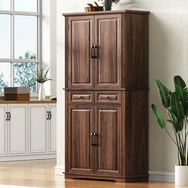 English Elm K&K 71" Tall Farmhouse Pantry Cabinet with Groove Edges, 3 Pull-Out Organizers, 6 Door Shelves Brown N707P256507Z