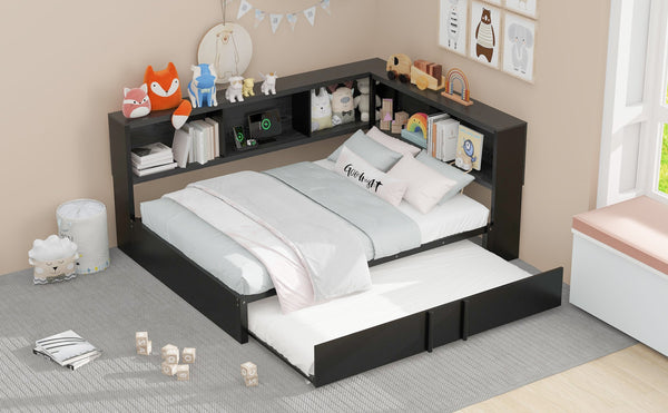 English Elm Metal Full Size Daybed with Trundle, Built-In Storage Cabinets & USB Ports for Small Rooms Black DL001523AAB