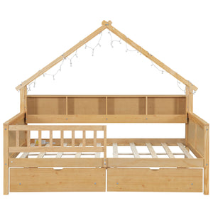 English Elm Wood Full Size Gaming Loft Bed with Integrated Desk, Shelves, LED Lighting & Hanging Clothes Rack Natural N7090001044N