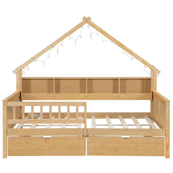 English Elm Wood Full Size Gaming Loft Bed with Integrated Desk, Shelves, LED Lighting & Hanging Clothes Rack Natural N7090001044N