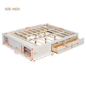 English Elm Queen Platform Bed with Four Storage Drawers Footboard Cubby Modern Low Profile Frame White LP000138AAK