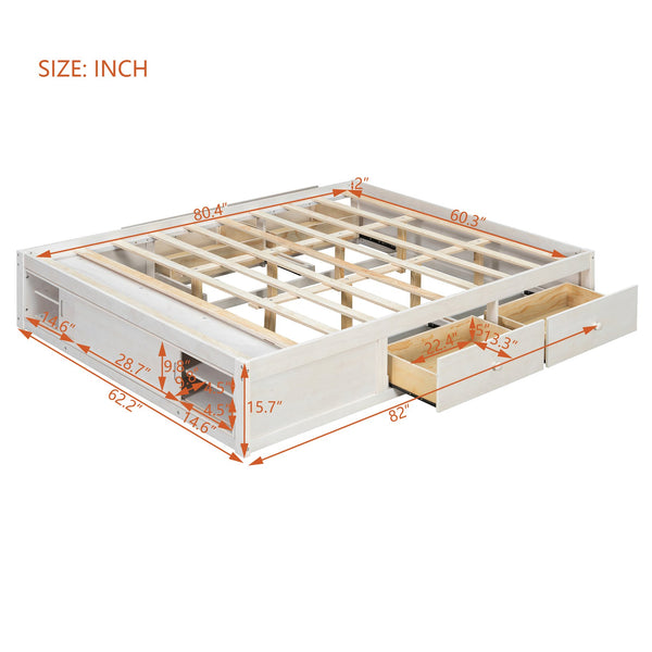 English Elm Queen Platform Bed with Four Storage Drawers Footboard Cubby Modern Low Profile Frame White LP000138AAK
