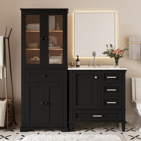 English Elm 67.57" Tall Matte Cabinet Vanity Combo with Glass Doors Soft-close Drawers Sink Black N729P000033B