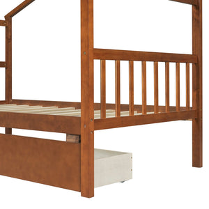 English Elm Twin House Bed Solid Pine Kids Cottage Frame with Storage Drawers Imaginative Room Walnut N708P309245L