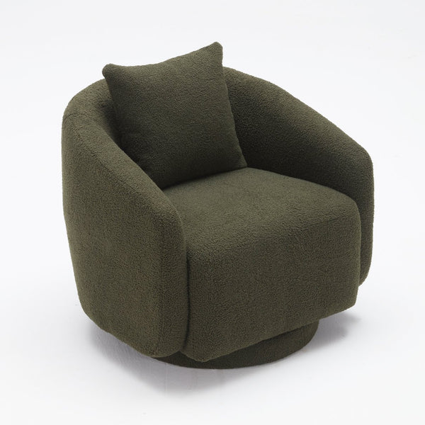 English Elm Swivel Barrel Armchair in Teddy Fabric with Lumbar Pillow and Solid Wood Legs Green T3623P430704