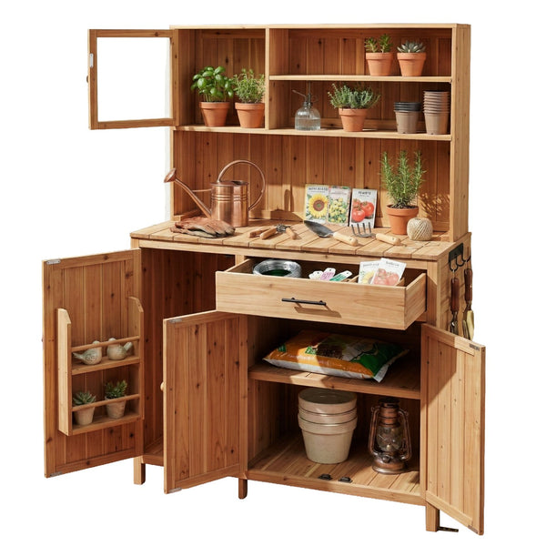 English Elm (with Hutch) Topamx Solid Fir Potting Bench Patio Workstation Spice Rack Drawer Natural N717P404330A