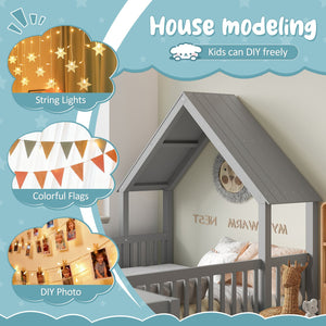 English Elm Full House Floor Bed with Door and Guardrails for Kids, Solid Wood Double Full, Safe Play Nook Grey W1580P354640
