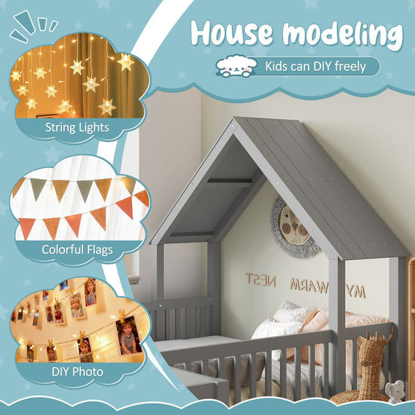 English Elm Full House Floor Bed with Door and Guardrails for Kids, Solid Wood Double Full, Safe Play Nook Grey W1580P354640