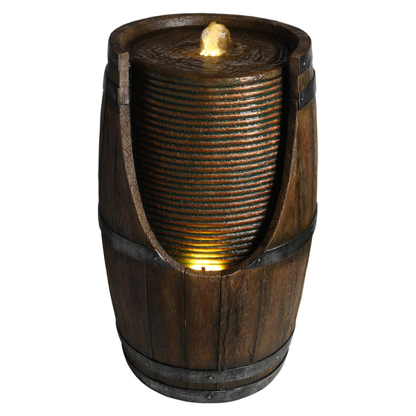 English Elm Outdoor Rustic Barrel Resin Fountain with Led Lights Farmhouse Waterfall Patio Decor Brown Gray W5397P454560