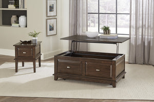 English Elm Transitional Lift Top Coffee Table Birch Veneer Cherry Finish with Two Storage Drawers B011P459303