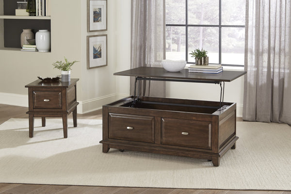 English Elm Transitional Lift Top Coffee Table Birch Veneer Cherry Finish with Two Storage Drawers B011P459303
