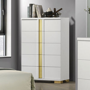 English Elm Contemporary Chic Chest with Gold Accents, Acrylic Trim, Metal Bracket Legs and Dust‑Proof Drawers Gold,White 20 L x 35 W x 50 H B2741P370846