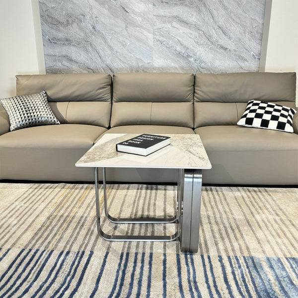 English Elm Rectangular End Table With Sintered Stone Top & Sleek Silver Frame For Modern Living Spaces W2978S00019-GIGA