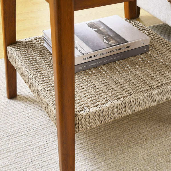 English Elm 23" Mid-Century Side Table with Woven Rattan Shelf, Walnut Finish, Solid Wood Legs, Boho Storage Accent Piece W1801109588