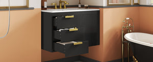 English Elm 30" Wall Mounted Bathroom Vanity with Ceramic Basin Sink, Floating Storage, Soft-Close Doors, Modern Elegance Black N710P324096B