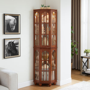 English Elm Corner Curio Cabinet with 6 Shelves, Tempered Glass Display, Built-In Lighting, Mirrored Back Walnut W1693P216949