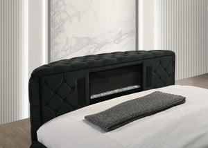 English Elm Luxurious King Size Bed Set With Tufted Black Velvet, Tv Lift, Electric Fireplace & Nightstands B2741S00121