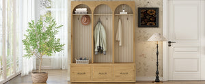 English Elm Farmhouse Hall Tree with Triple Arch Back Panel Eight Hooks Drawers and Entryway Bench N721S000071L
