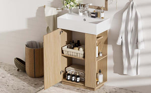English Elm [video]21.6" Freestanding Bathroom Vanity Ceramic Sink Wavy Door Mdf Cabinet Small Bath Wood N729P285504N