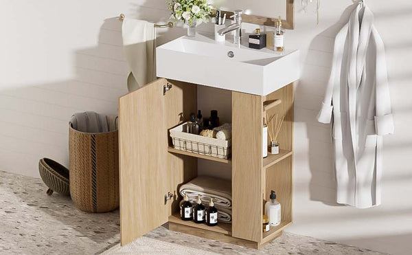 English Elm [video]21.6" Freestanding Bathroom Vanity Ceramic Sink Wavy Door Mdf Cabinet Small Bath Wood N729P285504N