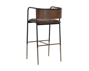 Sunpan Brenan Counter Stool - Elegant Curved Backrest, Unique Faux Leather, Black Metal Frame & Brass Caps Bravo Cognac