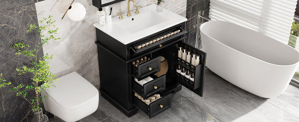 English Elm 30" Freestanding Bathroom Vanity Acacia Wood Matte Black Finish Gold Knobs Ceramic Sink N759P227429B
