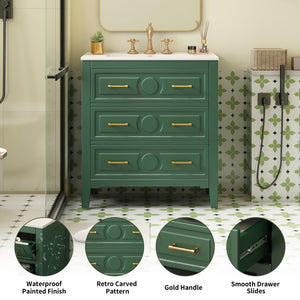 English Elm 30'' Bathroom Vanity with Ceramic Sink, Solid Wood Frame Retro Style Vanity with 3 Drawers & Gold Handles Green N710P246209F