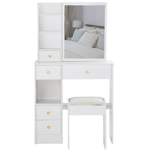 English Elm 29.2" Stylish Compact Vanity Table With Cushioned Stool & Sliding Mirror - High-Capacity Storage Design W936P202270