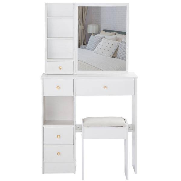 English Elm 29.2" Stylish Compact Vanity Table With Cushioned Stool & Sliding Mirror - High-Capacity Storage Design W936P202270