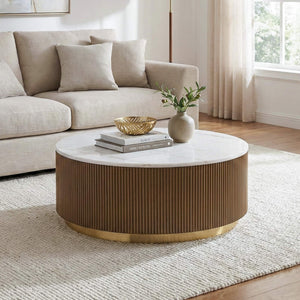 English Elm Brown Fluted Plinth Base Round Marble Top Cocktail Table with Gold Steel Accents B2741P476070