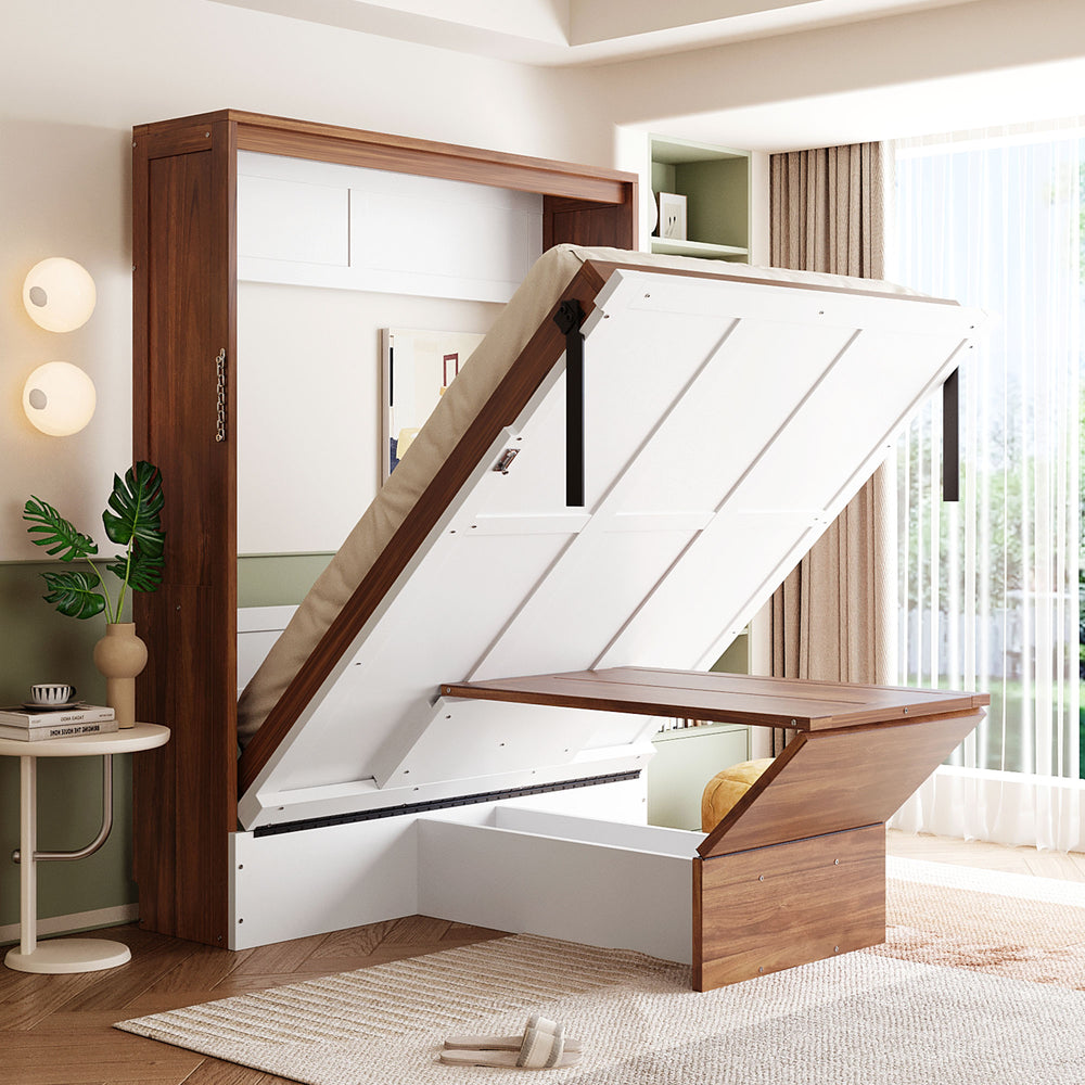 English Elm Full Size Murphy Bed with Integrated Folding Desk Walnut Cabinet for Small Spaces White LP000995AAK