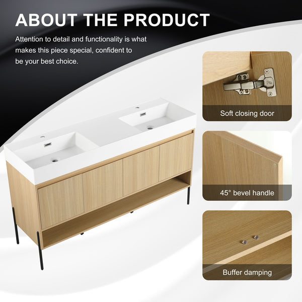 English Elm 60" Oak Bathroom Vanity Combo with Resin Basin, 4-Door Storage, Multi-Layer Wood Frame, Modern Elegance W1972S00011