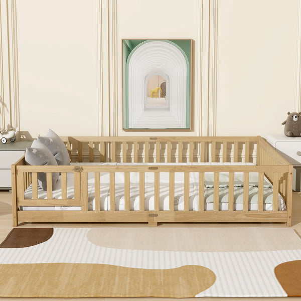 English Elm Queen Rubber Wood Floor Bed with Full Perimeter Safety Fence and Hinged Access Door Natural W504P429341